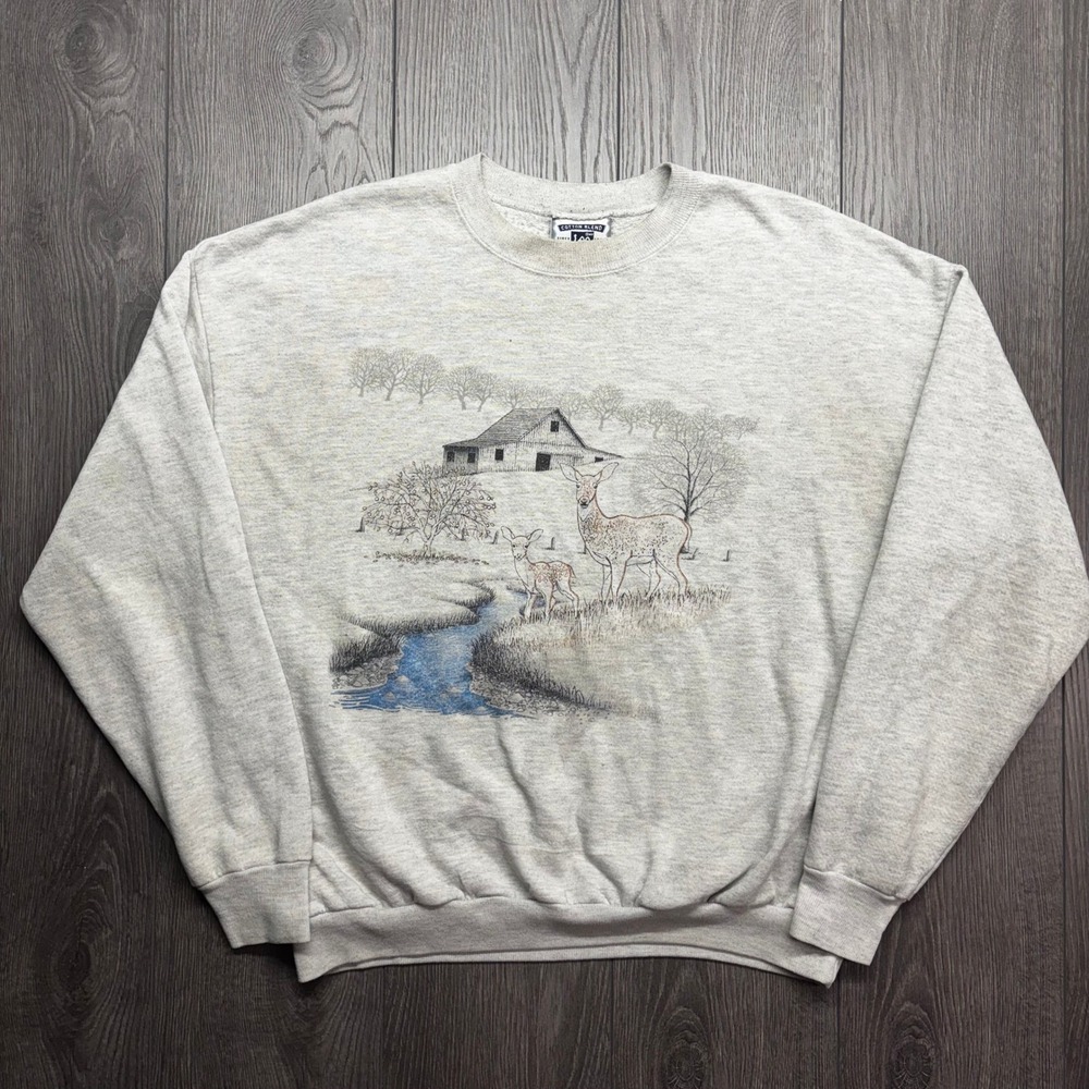 Vintage Lee Deer Nature Scene Sweatshirt XL Gray Made in USA Barn Graphic Crew